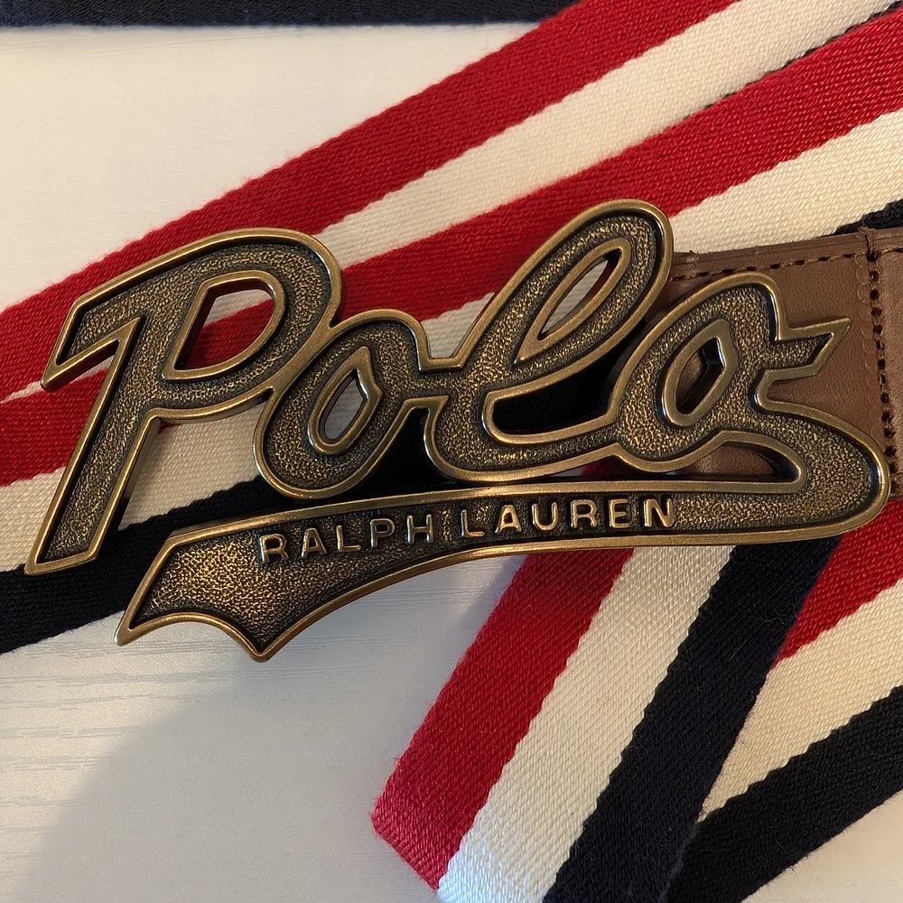 Polo Ralph Lauren Striped Canvas Leather Belt‎ Script Logo Buckle Red White Blue